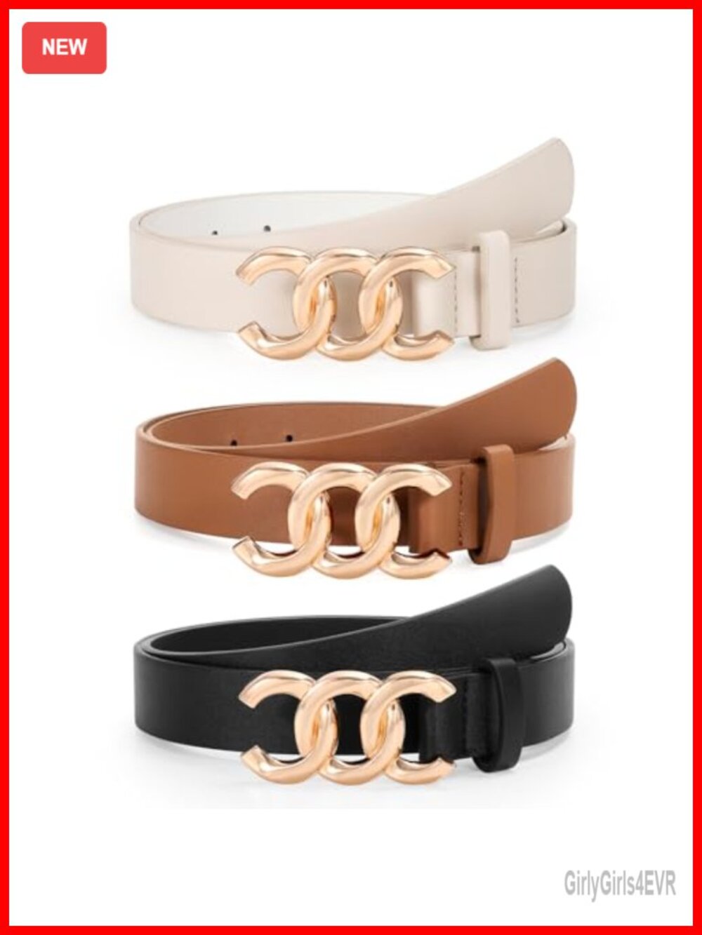 3 Pack Women's Fashion Leather Belts for Jeans Pants with Gold Buckle (No Color)